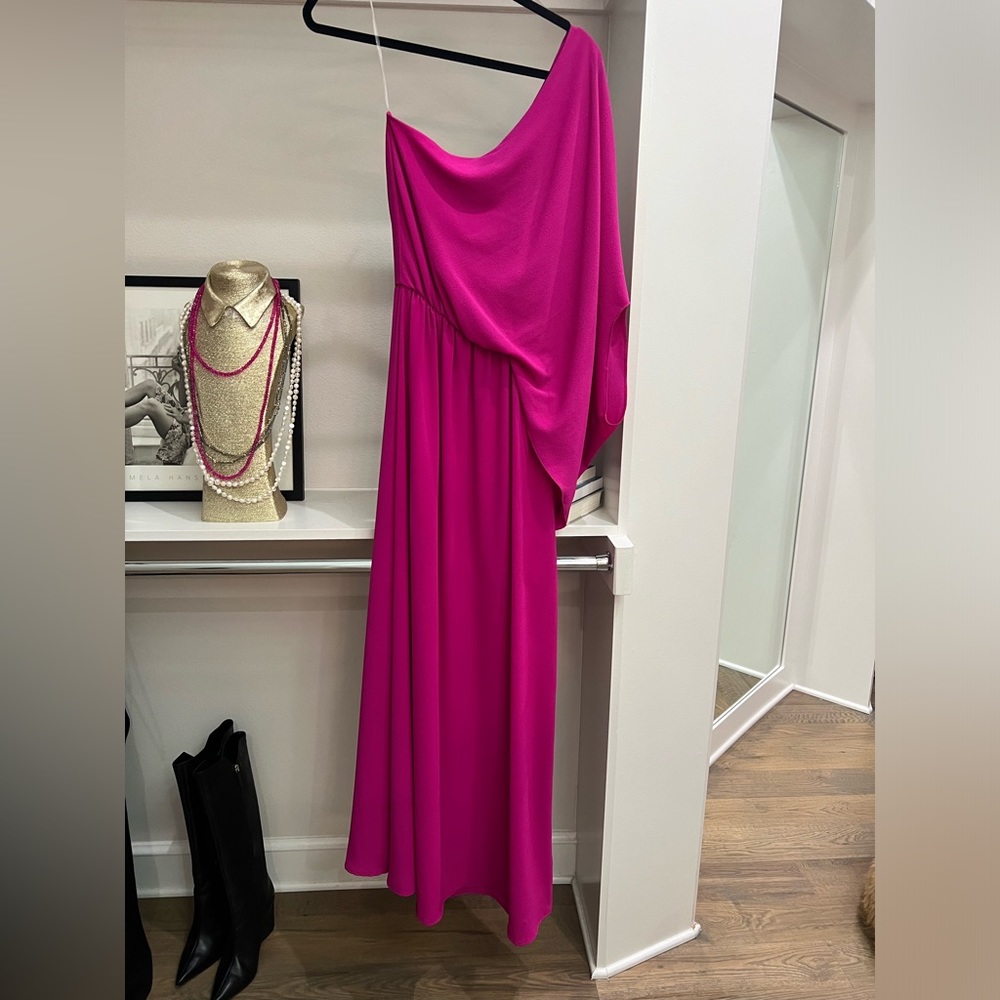 One shoulder pink dress. Brand: Judith March. Size: medium. Slit in leg.